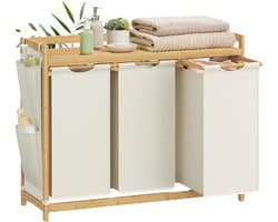 NaevaMi Wasmand 3 Vakken – Wassorteerder - Wasmanden - Wasbox - Wassorteerder 3 vakken - Wasmand Hout - Wasmand Bamboe - 150 liter - 3 Compartimenten - Uitschuifbaar met Plank - 94 x 33 x 78 cm - Wit