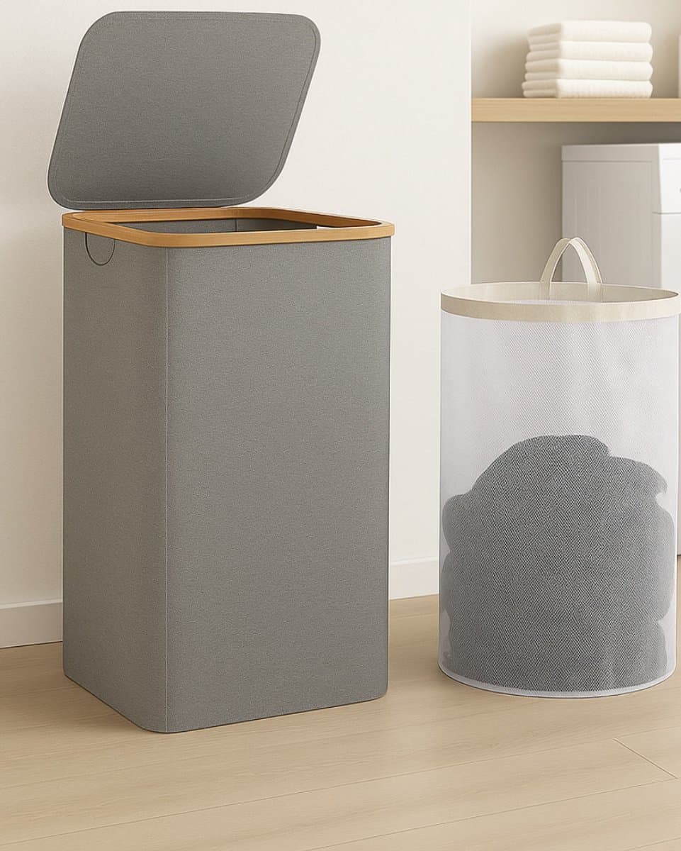 Wasmand met deksel - 100L - Duurzaam - Ruimtebesparend - Stijlvol - Grijs — afbeelding 1