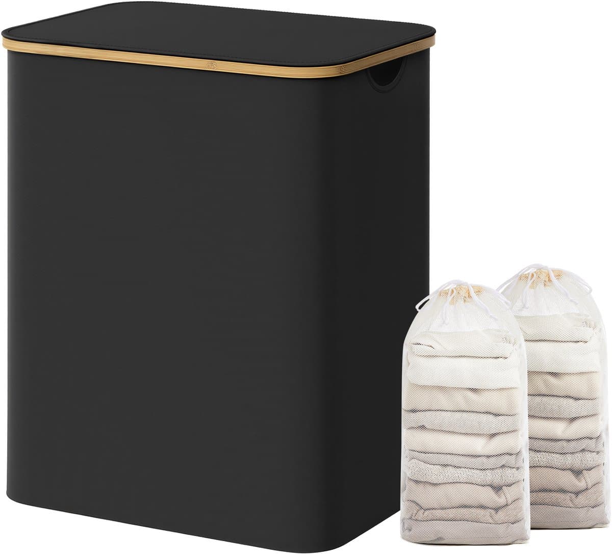 SONGMICS LCB513B01V1 - Wasmand met 2 Vakken - Opvouwbaar Deksel - Afneembare Waszak - Bamboe Handgrepen — afbeelding 1