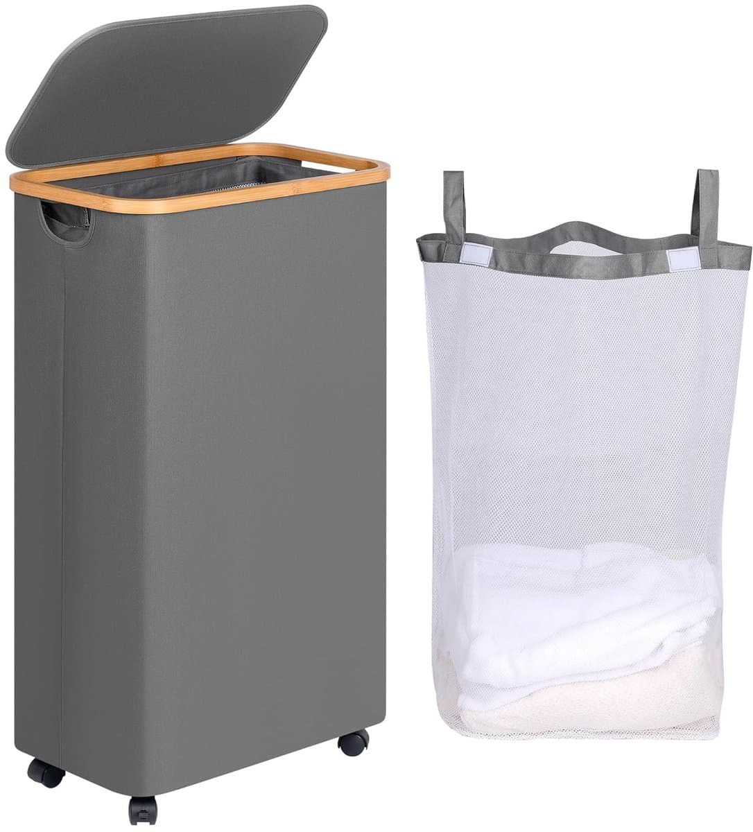 Wasmand met wieltjes - 75 liter - grijs/beige - bamboeframe — afbeelding 1