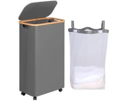 Wasmand met wieltjes - 75 liter - grijs/beige - bamboeframe