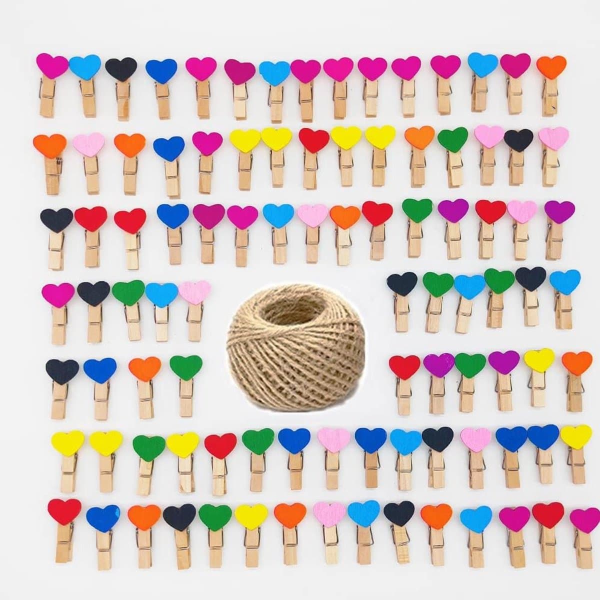 100 stuks mini houten hartharingen - kleurrijke houten wasknijpers - houten hartvormige harten fotopapier clips - 30 meter jute touw - doe-het-zelf kunst en ambachten - bruiloften evenementen decoraties — afbeelding 1