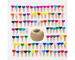 100 stuks mini houten hartharingen - kleurrijke houten wasknijpers - houten hartvormige harten fotopapier clips - 30 meter jute touw - doe-het-zelf kunst en ambachten - bruiloften evenementen decoraties