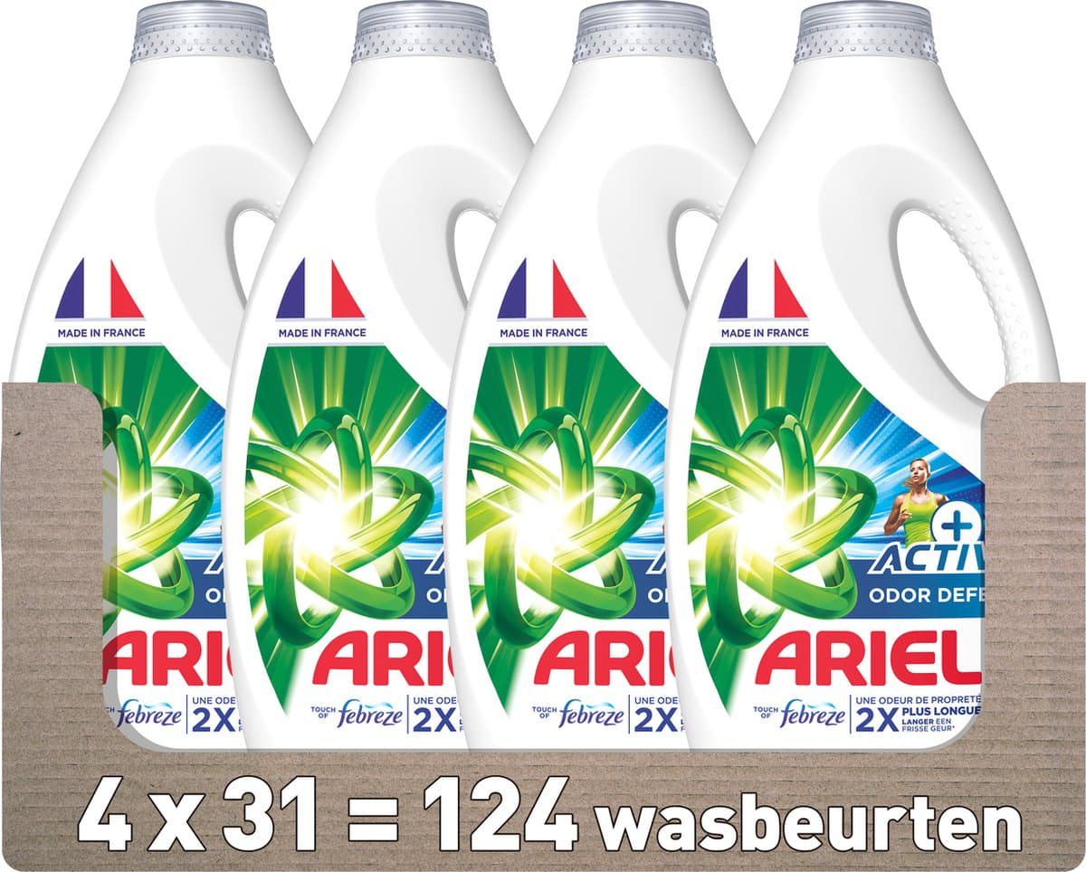 Ariel Vloeibaar Wasmiddel +Actieve Odor Defense - Vleugje Ambi Pur - 4 x 31 Wasbeurten - Voordeelverpakking — afbeelding 1