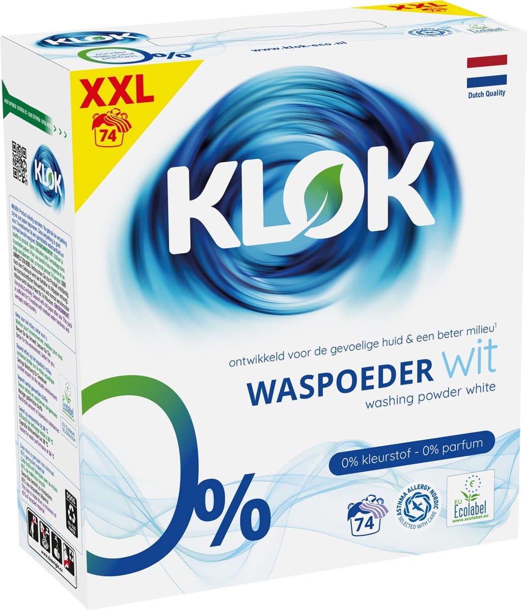 Klok Waspoeder Wit - XXL verpakking 4,81 kg - 74 Wasbeurten - Huidvriendelijk & Ecologisch — afbeelding 1