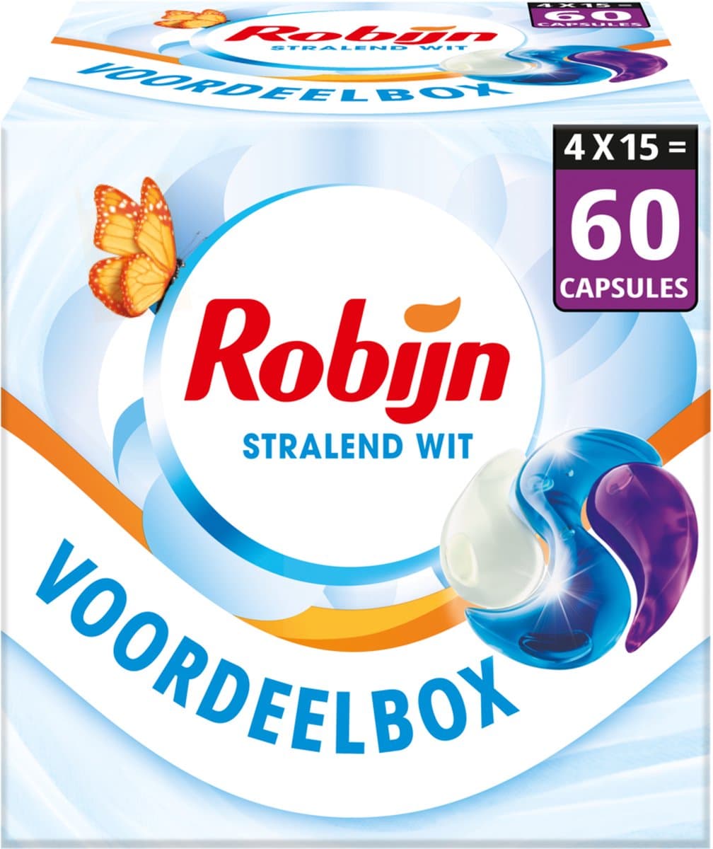 Robijn Wasmiddel - 3-in-1 Wascapsules - Stralend Wit - 4 x 15 stuks - 60 Wasbeurten - Voordeelverpakking — afbeelding 1