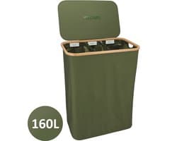KROMS Wasmand 3 vakken - Olijfgroen - 160L - Extra groot model - Inclusief NL & EN Labels – Wassorteerder bamboe - Laundry basket - Wasmand met deksel - Opvouwbaar - 160L — afbeelding 1