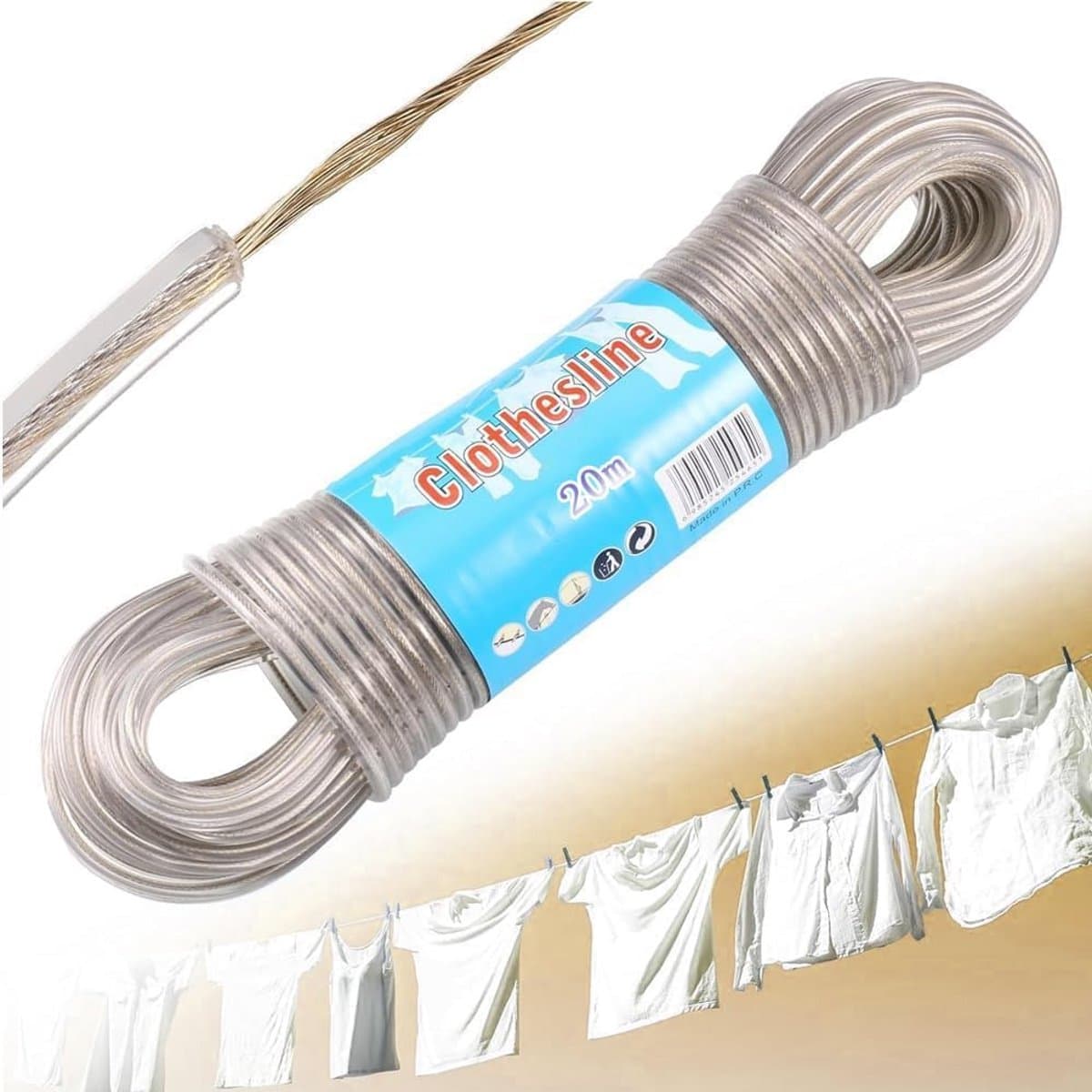 Drooglijn met stalen kern - UV-bestendig, 120 kg - voor binnen en buiten, camping en reizen — afbeelding 1