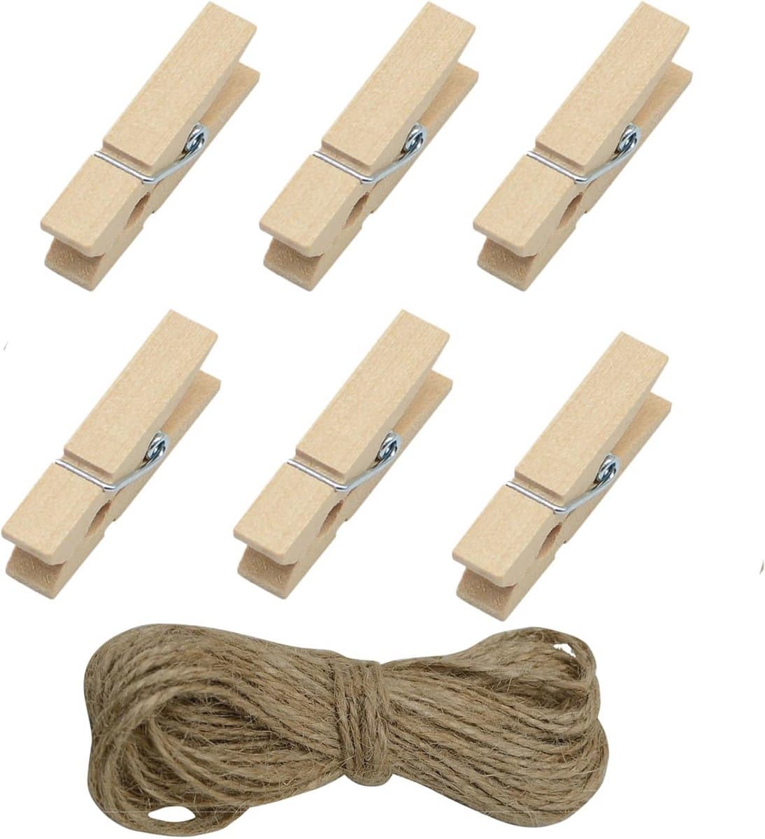 Mini Wasknijpers 100 Stuks - Houten Fotoclips met Jute Touw voor Creatief Gebruik — afbeelding 1