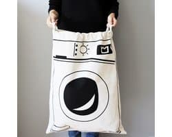 Waszak - Wasgoed Opbergtas met Trekkoord - Badkamer Was Zak - Laundry Bag - wit-zwart -met Wasmachine Print- 65 x 47 cm