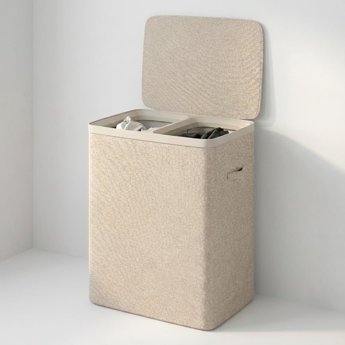 MAZAZU Wasmand 2 Vakken 100L – Deksel & Wassorteerder met Uitneembare Zakken - Beige — afbeelding 1