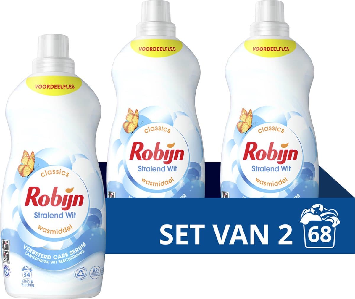 Robijn Klein & Krachtig Classics Vloeibaar Wasmiddel - Stralend Wit - met Care Serum - 2 x 34 wasbeurten - Voordeelverpakking — afbeelding 1