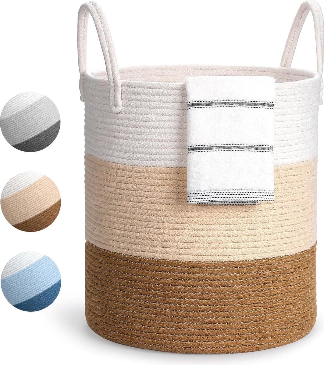 Large Laundry Basket, Foldable Laundry Basket, Storage Basket Organiser with Handle, Cotton Rope Laundry Hamper for Bathroom, Living Room, Bedroom, Cream White + Light Yellow — afbeelding 1