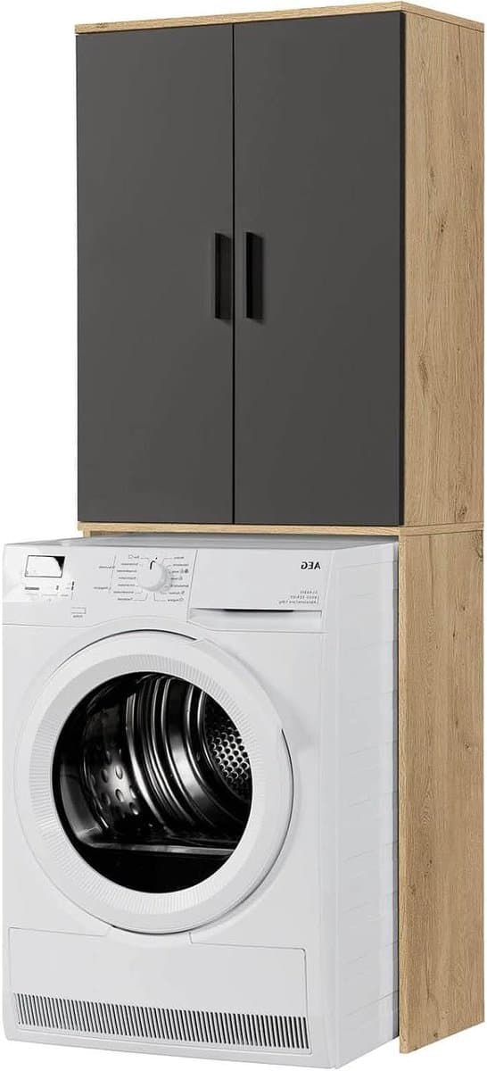 Wasmachinekast Hoge Kast - Badkamerkast Bovenkast - Ruimte Organiseren - Verstelbare Legplanken - 180x65x34 cm - Eiken Zwart — afbeelding 1