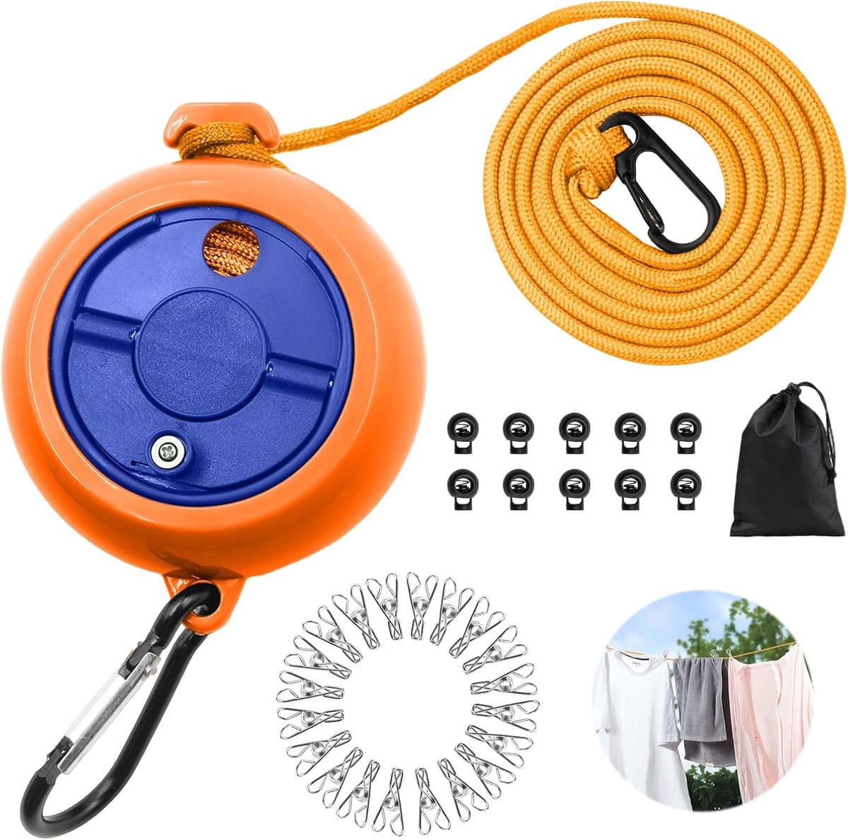 Waslijn uittrekbaar, 10 m draagbare campingwaslijn, outdoor reizen waslijn reiswaslijn met 10 vaste gespen en 20 klemmen voor camping, badkamer, bijkeuken, tuin, hotel — afbeelding 1