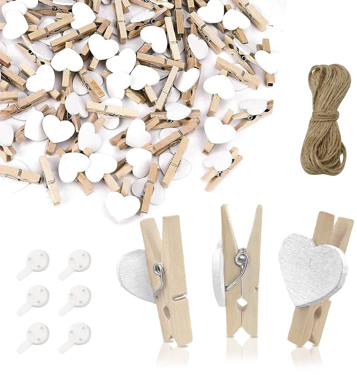 Houten klemmen, natuurlijk houten wasknijpers met 10 m jute koord, non-trace-hanghaak, decoratieve pennen voor bruiloftsfeest, fotohouder, kaartendecoratie en kunsthandwerk (50 stuks) — afbeelding 1