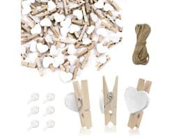Houten klemmen, natuurlijk houten wasknijpers met 10 m jute koord, non-trace-hanghaak, decoratieve pennen voor bruiloftsfeest, fotohouder, kaartendecoratie en kunsthandwerk (50 stuks)