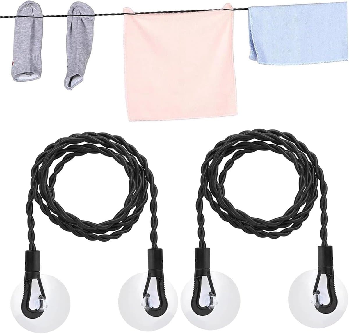 Reis Waslijn - Draagbare Lijn - Kleding Drogen - Met Zuignappen - 2 Stuks 150cm - Zwart — afbeelding 1