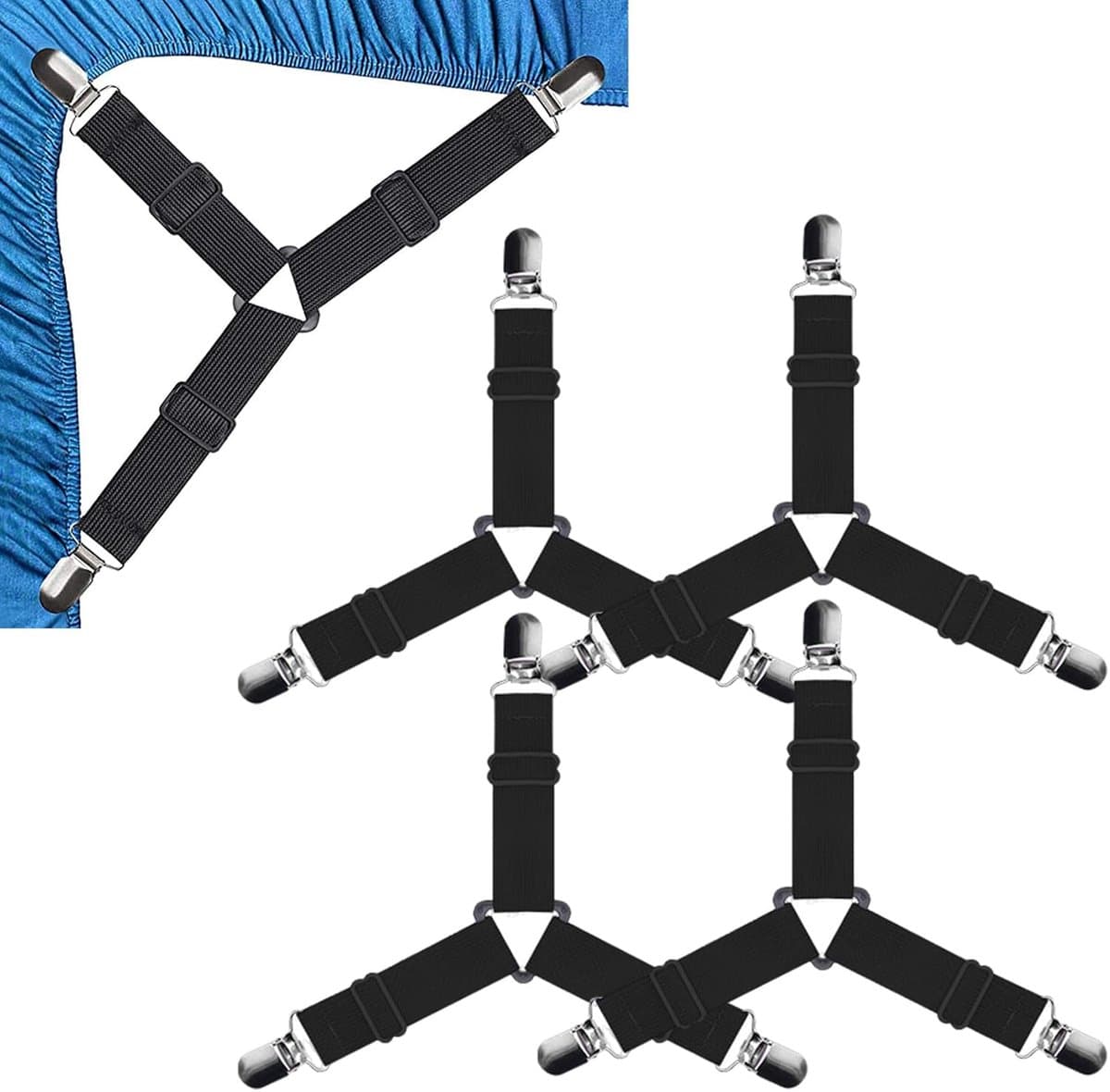 SnelShoppen - Bedlaken Klemmen Set van 4, Verstelbare Spanners voor Bedlakens met Metalen Clips, Elastische Hoek Klemmen voor Stabiliteit en Stevighei — afbeelding 1