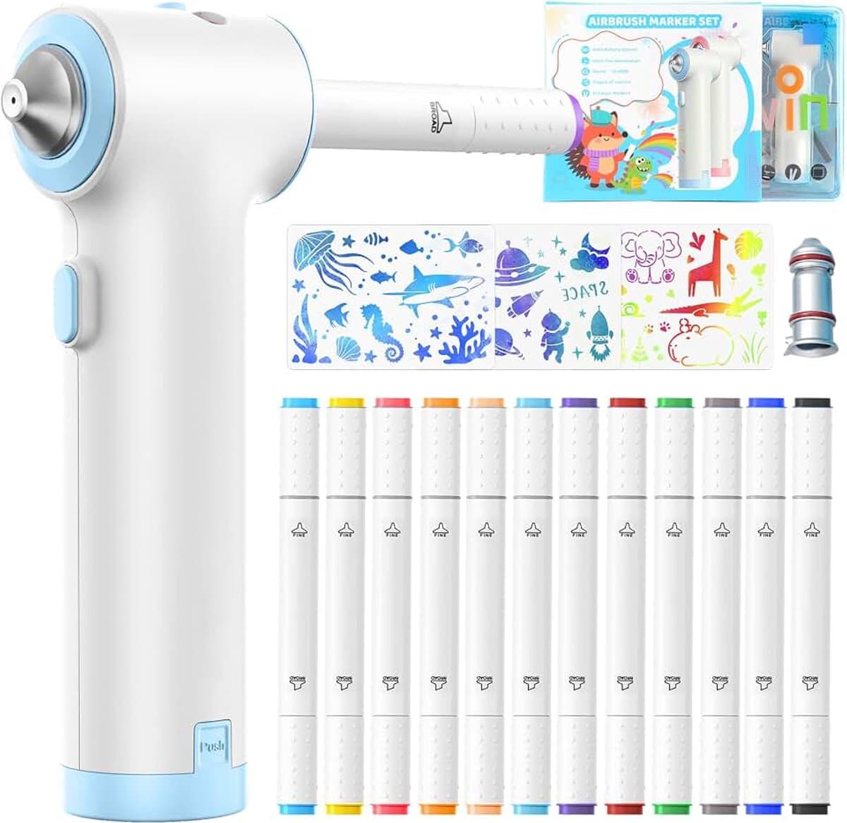 Speed Airbrush Elektrische verfspuitstiften, set van 12 textielmarkers met dubbele punt, 3 sjablonen en 2 sproeikoppen, heldere en rijke kleuren, na fixatie, wasmachinebestendig, textielverf — afbeelding 1