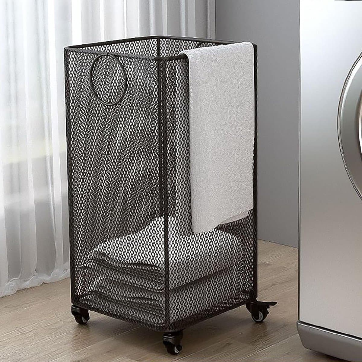 Wasmand Met Wielen - Opbergmand - Kleding Opbergen - Verrijdbaar Ontwerp - Compact - Zwart — afbeelding 1