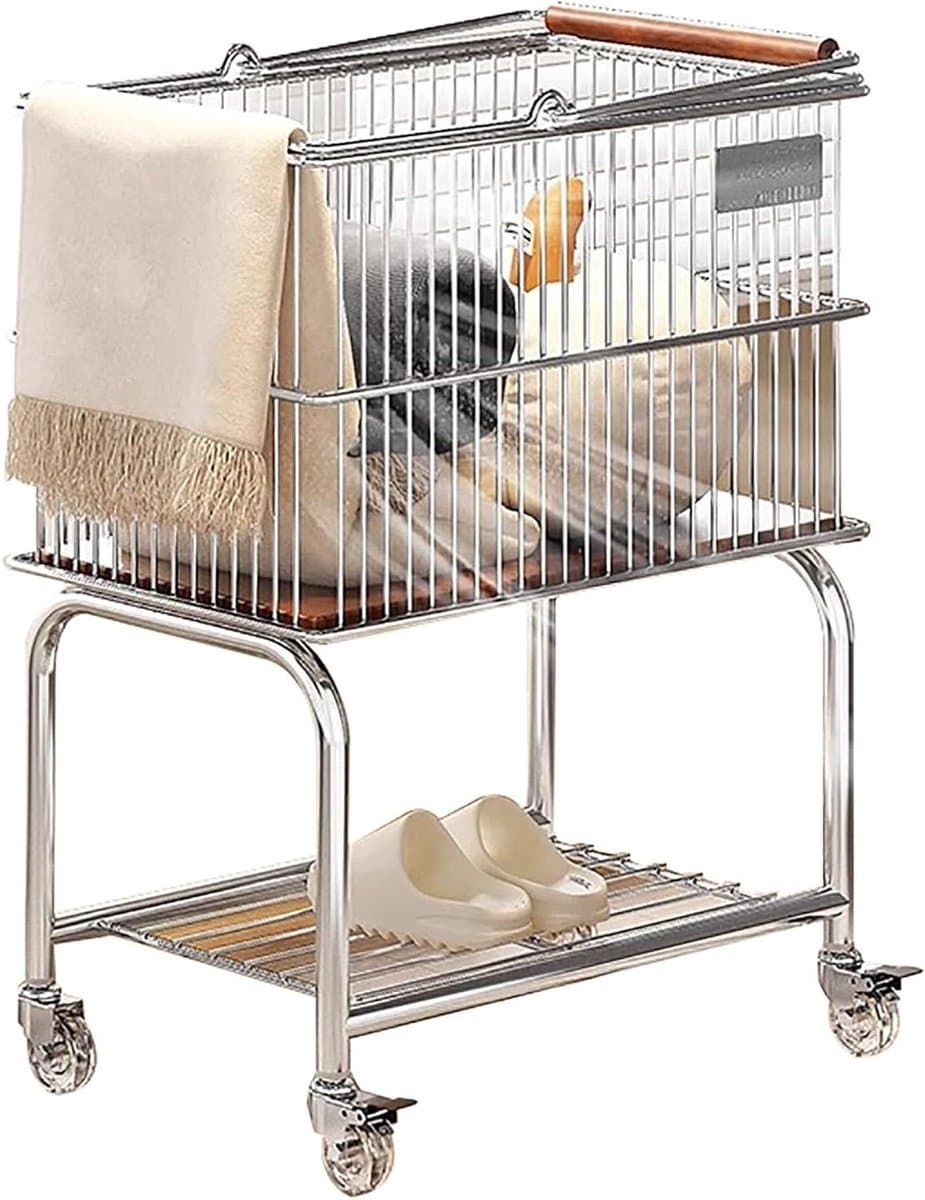 Wasmand met wielen - Kleding organizer - Kleding sorteren - Dubbele opbergruimte - 48x36x66cm - Zilver — afbeelding 1