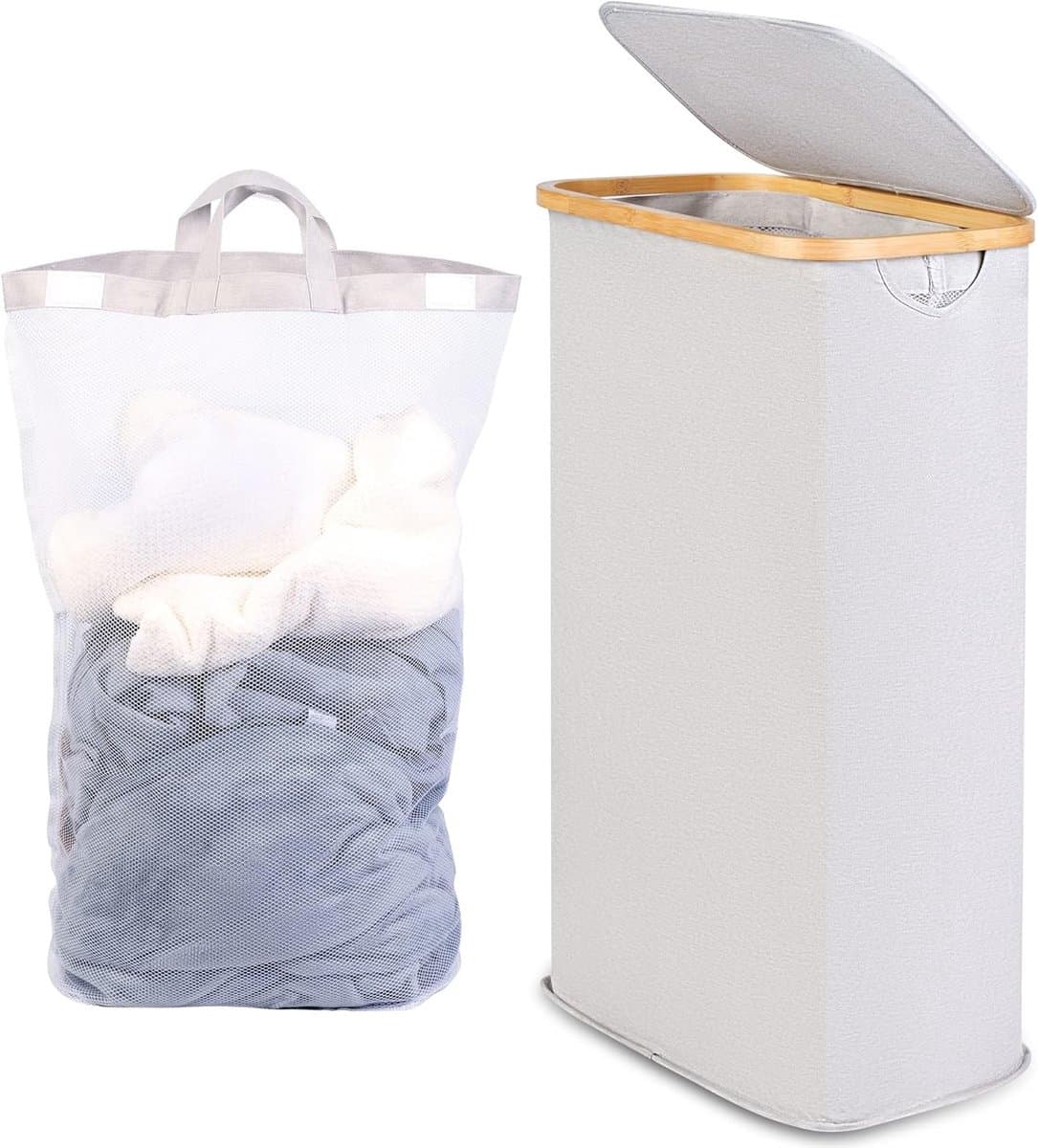 Wasmand met deksel 63L - Compacte lichtgrijze wasmand voor kleding en wasgoed — afbeelding 1