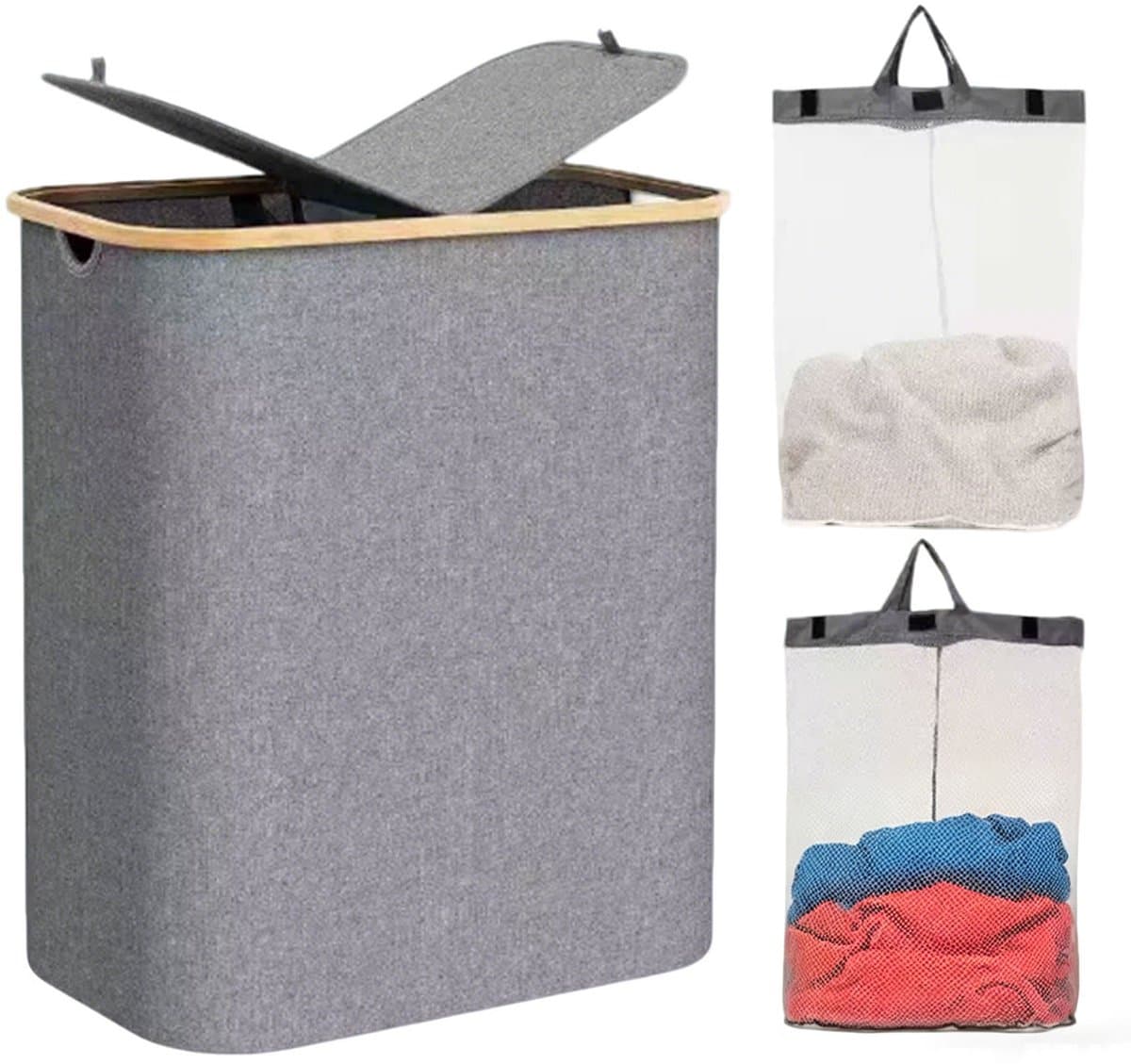 Wasmand 2 vakken - Wasmand met deksel - Groot volume 150 liter - Verdeelde opbergmand - Grijs — afbeelding 1