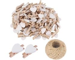 Mini Houten Hartjes - Wasknijpers Foto Clips - Decoratie & Knutselen - Natuurlijk Hout Materiaal - 25 Stuks - Wit
