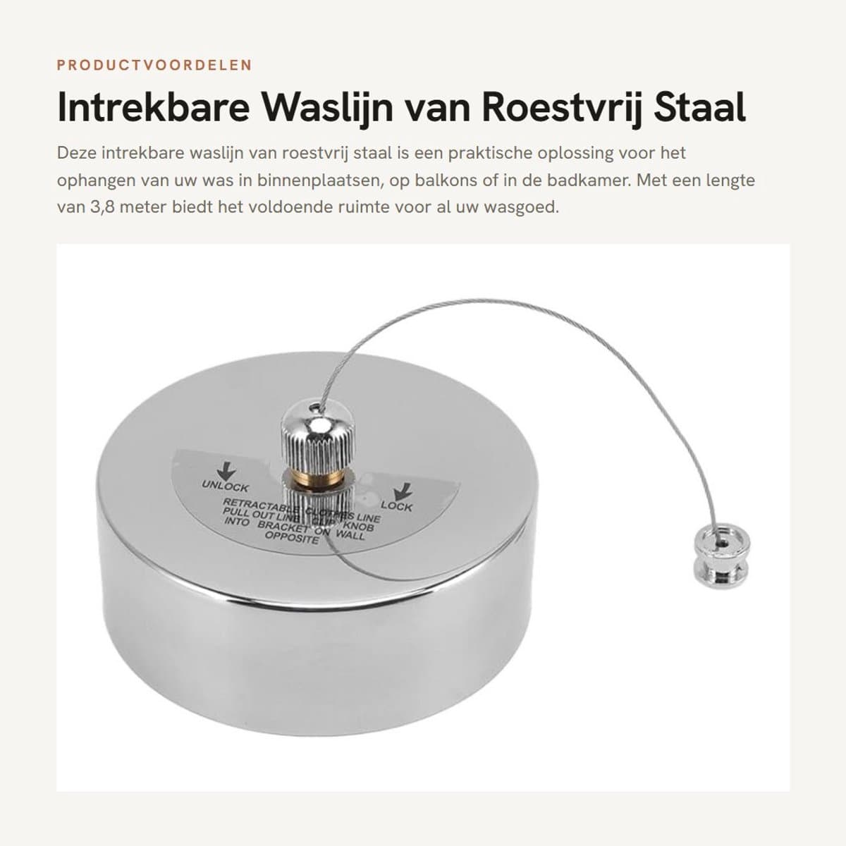 Dailygoods- Waslijn Zware Kwaliteit - Intrekbaar - Roestvrij Staal - Veiligheidsmechanisme - Voor Binnen/Buiten - 3,8 m Lengte - Kledingdrooglijn — afbeelding 1