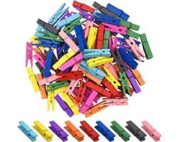 Houten Knijpers - Kleine Clips - Foto's Ophangen - Vrolijke Kleuren - 100 Stuks - Multicolor