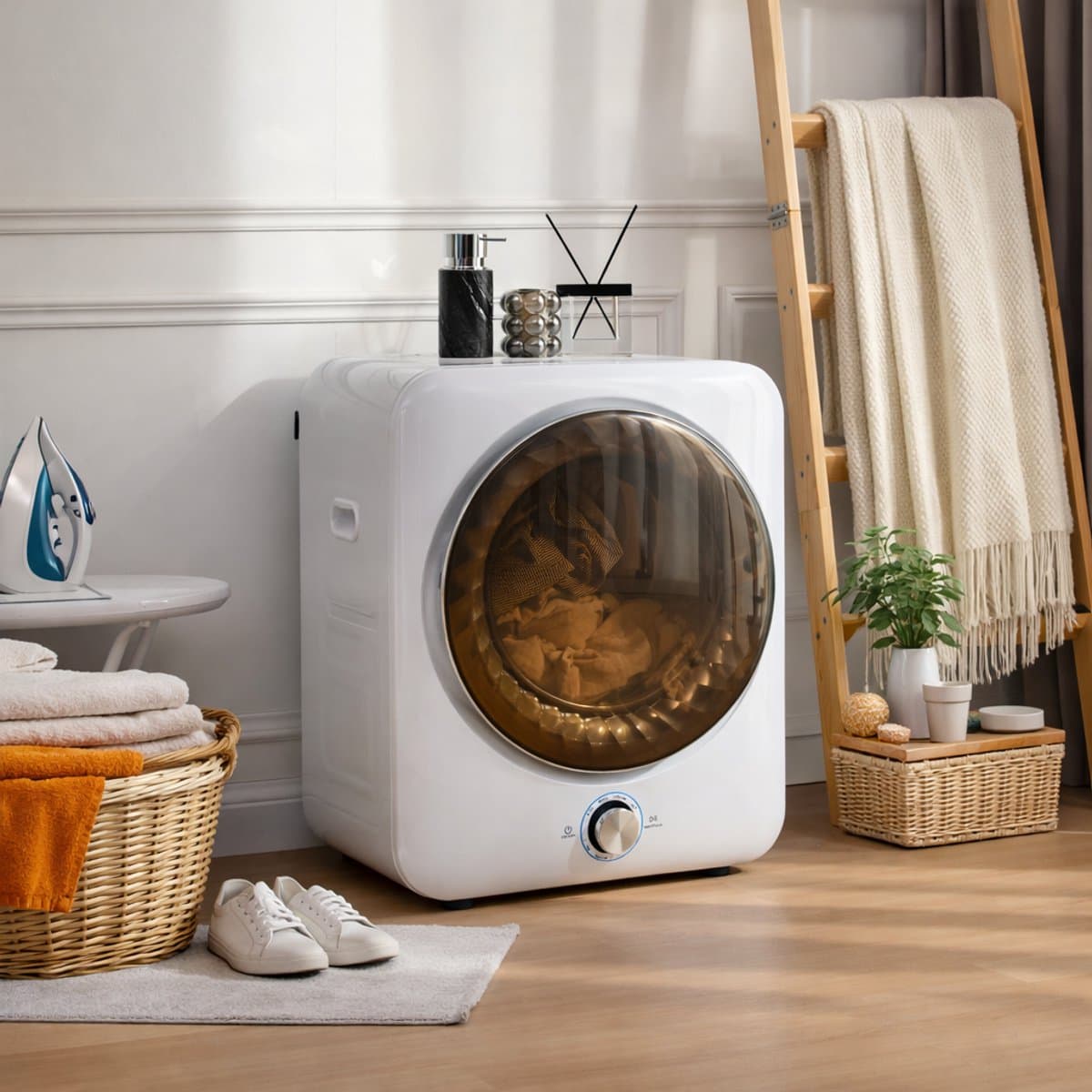 Mini Trommeldroger 3 Kg - 1350W Afvoerdroger Met 8 Programma's, NTC Sensor, Wandmontage - Wit — afbeelding 1