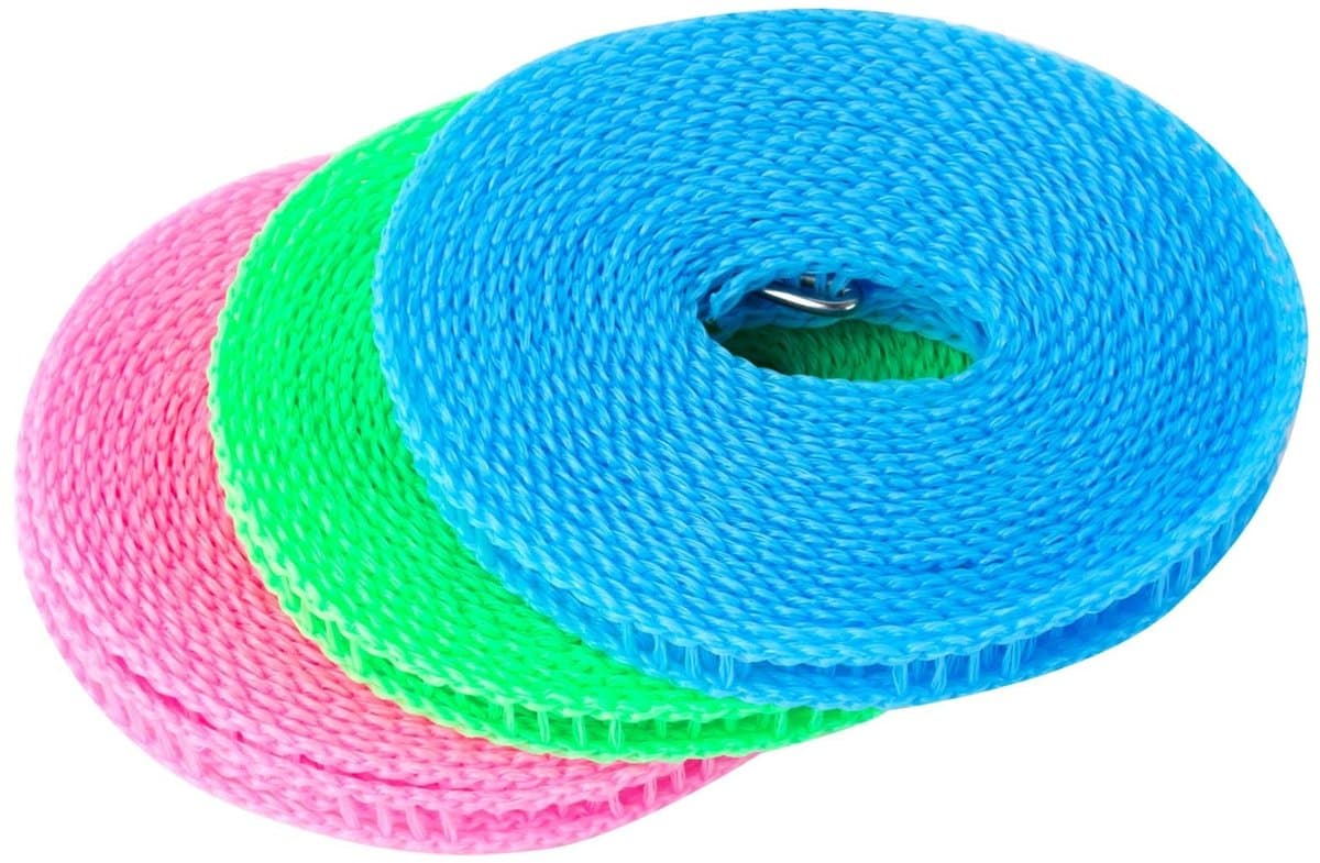 SPHProducts - Kleding drogen touw - Winddicht - Draagbare waslijn - 3 rollen 5 meter - Antislip - Geschikt voor binnen en buiten - Blauw, Roze, Groen — afbeelding 1