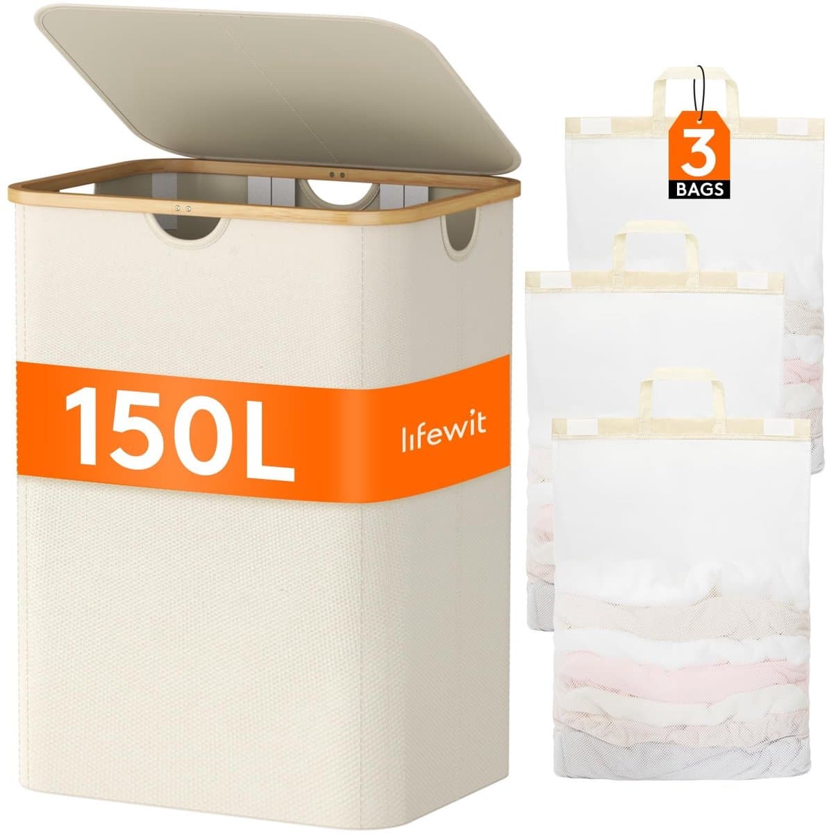 Cosensi - Dailygoods - Dailygoody - Lifewit Wasmand - Grote wasmand met deksel - Beige - Kleding sorteren - 150 liter wasmand voor slaapkamer en badkamer — afbeelding 1