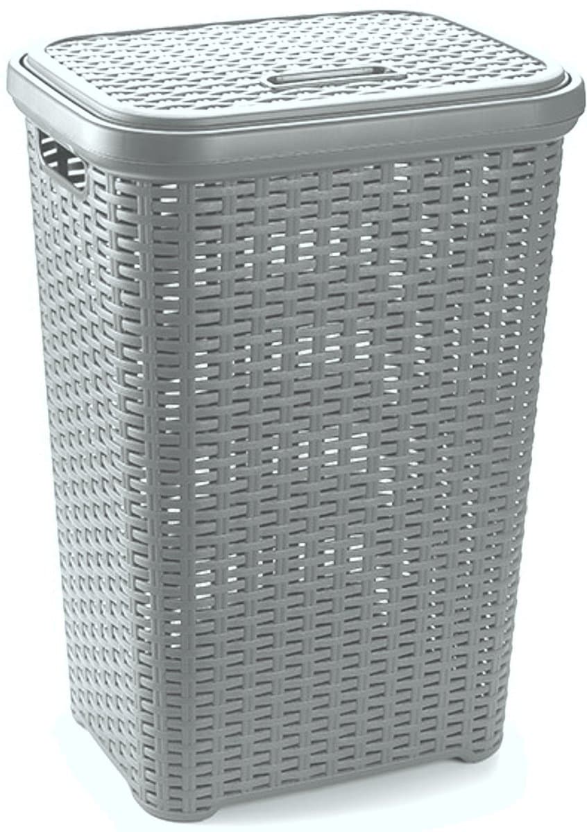PlasticForte Wasmand met deksel - 60 liter - lichtgrijs - rotan - kunststof - L35 x B43 x H62 cm — afbeelding 1