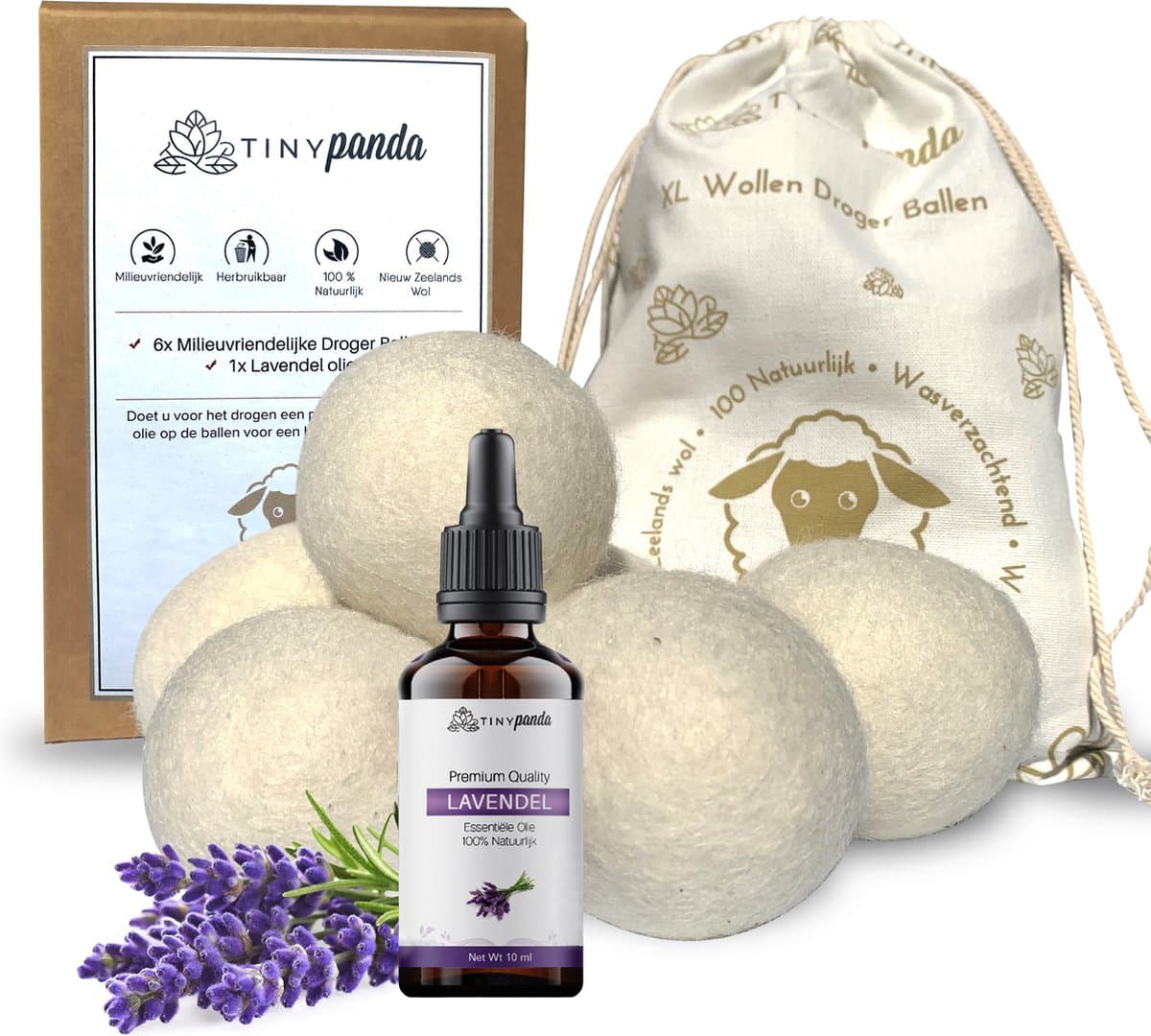 Tiny Panda - Wasbollen - Droger Ballen XL 6 stuks inclusief lavendelolie – Zero waste Dryer Balls - Duurzaam – Wasverzachter – Herbruikbare Drogerballen – Droogt de was sneller — afbeelding 1