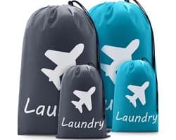 Goodivery ® Set van 4 Reistasjes voor Vuile Was met Nylon Trekkoord in Blauw en Grijs