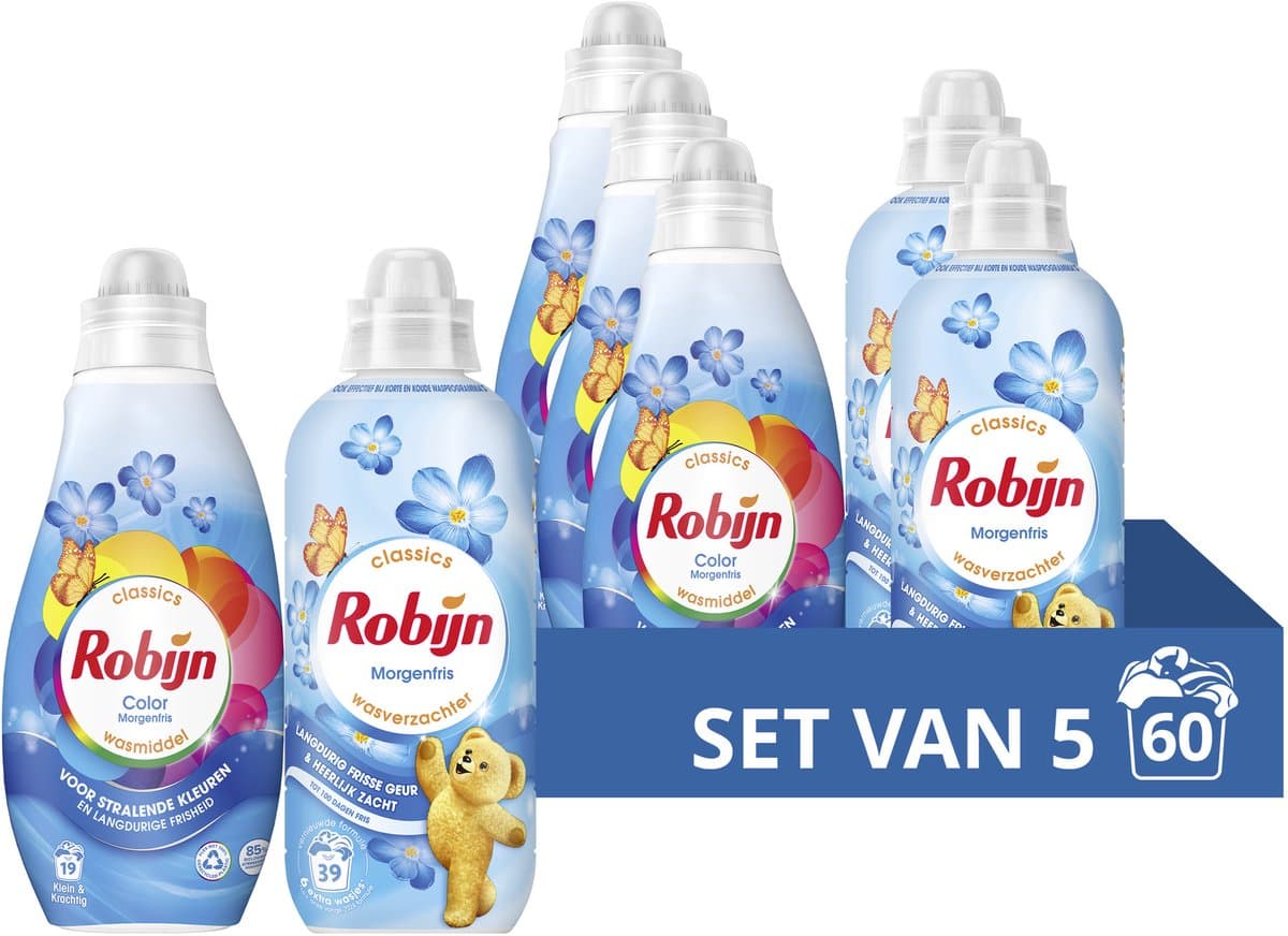Robijn Perfect Match Wasmiddel en Wasverzachter Pakket - Morgenfris - 5 x 12 = 60 wasbeurten - Voordeelverpakking - 5 stuks — afbeelding 1