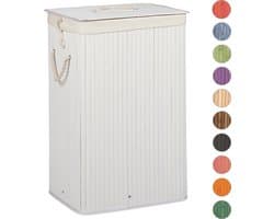 wasmand bamboe - 83 l - met deksel - opvouwbaar - groot - wit