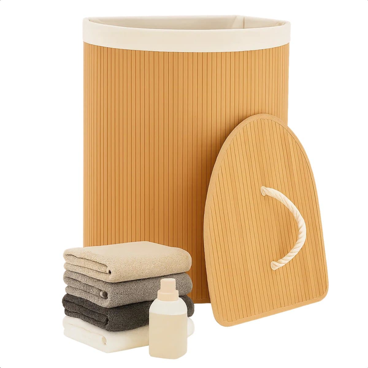 Lomera Bamboe Wasmand - Hoekmodel Wasmand - 72 Liter Capaciteit - Opvouwbare Wasmand - Naturel Kleur - Met Deksel - Waszak Inbegrepen - Verstevigde Metalen Ring - Uitneembare Zak - Wasbare Binnenzak - Driehoekig Ontwerp — afbeelding 1