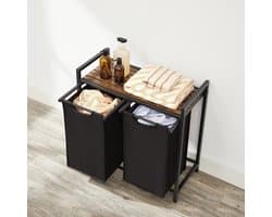 Wasmand 2 Vakken – Wassorteerder 76L – Uitschuifbare Wasmand met Plank – Zwart Metaal & Bruin Hout – 92,5 x 33 x 71 cm