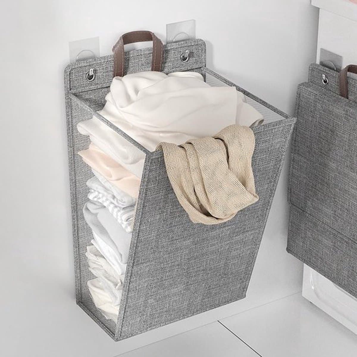 Wasmand - Opvouwbare Wasmand - Katoen en linnen - Met Deksel - Smalle - Afneembare zak - Reisgoederen - Opvouwbare Mand Vuile Was - Plooimand - Ophangbare - Voor wasruimte, slaapkamer - 48*36*12cm - Grijs — afbeelding 1
