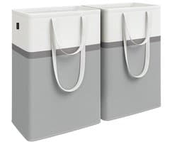 SONGMICS 75L wasmandset van 2, opvouwbare wasmand met lange handgrepen, gemakkelijk mee te nemen en schoon te maken, voor slaapkamer en badkamer, duifgrijs LCB208G02