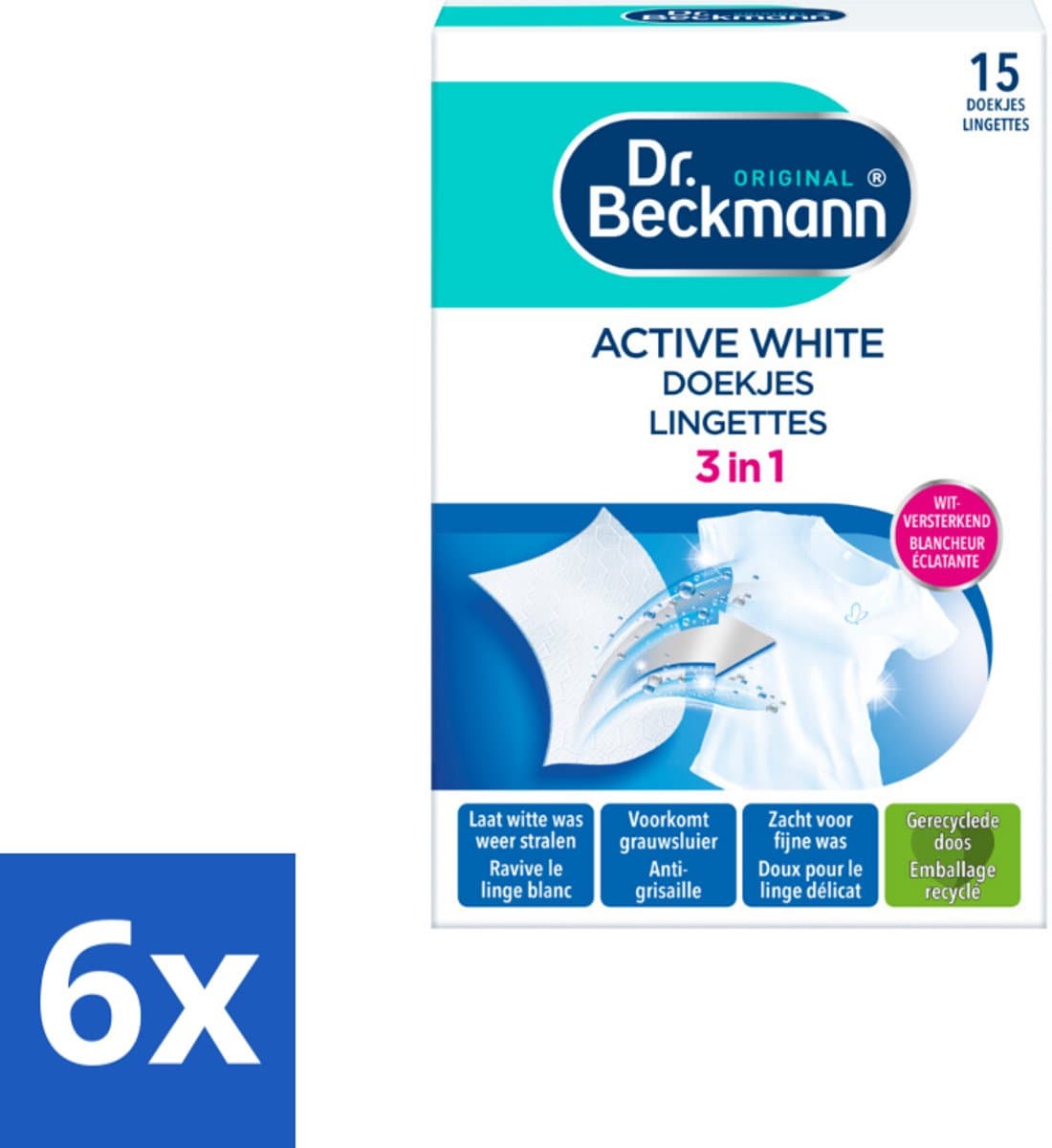 6 x Dr. Beckmann Active White Sheets 15 stuks per verpakking - Witte Was - Wasverzorging - Grauwsluier - Vergeling - Witmaakdoekjes — afbeelding 1