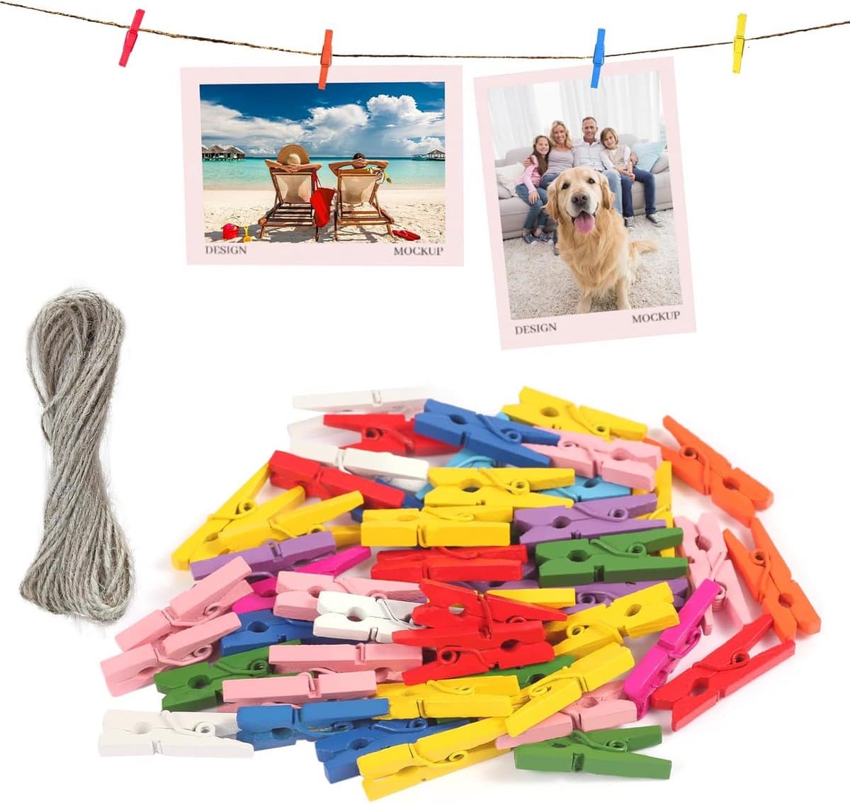 120 Houten Waslijnklemmen met 50 Meter Touw - Kleine Houten Knijpers voor Foto's en Decoratie — afbeelding 1