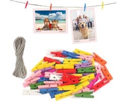 120 Houten Waslijnklemmen met 50 Meter Touw - Kleine Houten Knijpers voor Foto's en Decoratie