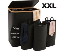 Wasmand met Deksel 3 Vakken 145L - Wasmanden Wassorteerder - Opvouwbare Wasmand - Uitneembare Waszakken - Inklapbaar - Wasbox voor Gezin - Zwart