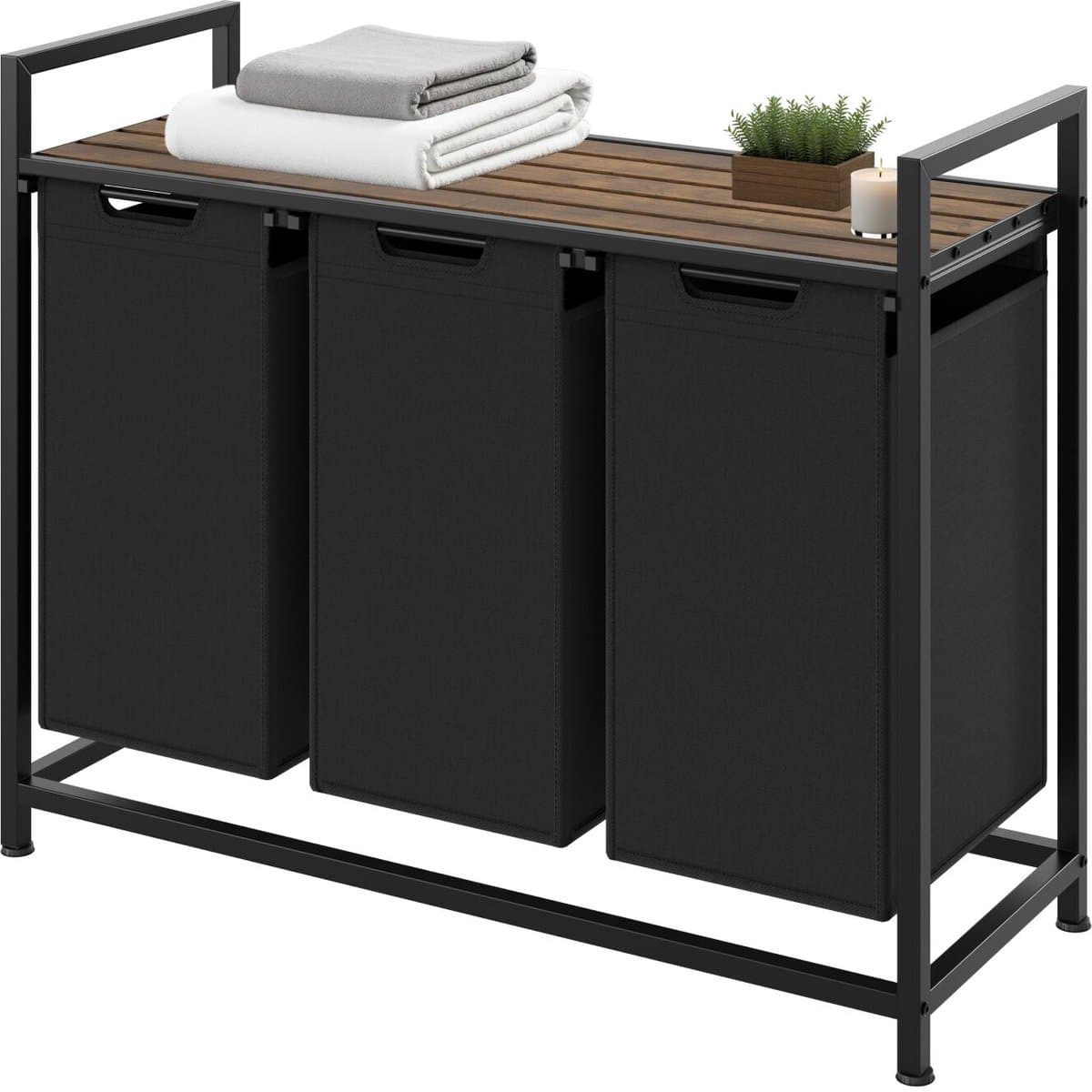 tectake® Wassorteerder - Wasmand met 3 vakken en deksel - Industriële stijl - Uittrekbare vakken - In hoogte verstelbare kunststof voetjes - Wasbox - Waskorf - 34x93,5x72cm — afbeelding 1
