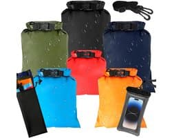 Bag Set van 6 waterdichte tassen, 1,5 l, 2,5 l, 3 l, 3,5 l, 5 l, 8 l, waterdichte zakken en pakzakken met verstelbare riem, beschermt de telefoon, perfect voor outdoor en watersport, ultralicht en