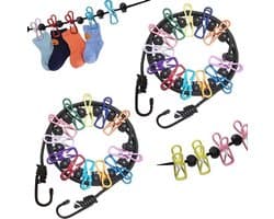 Draagbare waslijn - 2-pack reiswaslijn met 12 kleurrijke clips - verstelbare campingwaslijn - elastische intrekbare waslijn voor binnen en buiten - wasaccessoires